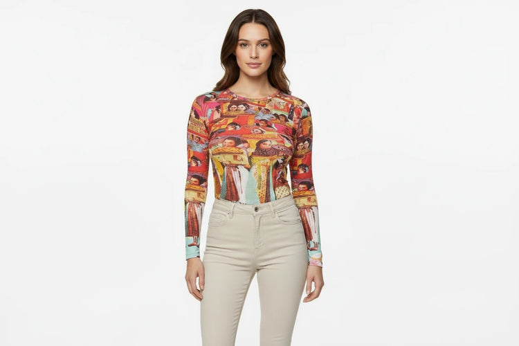 Printed Mesh Long-Sleeve Crop Top