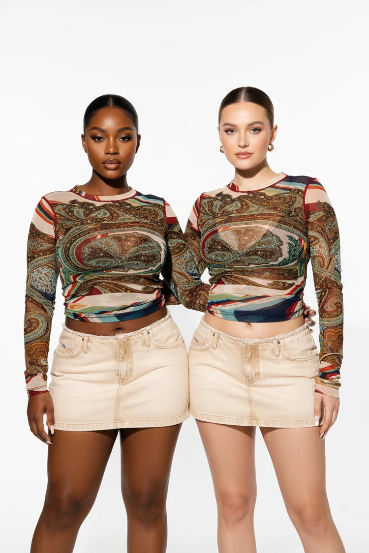 Printed Mesh Long-Sleeve Crop Top