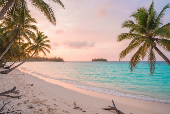 tropical beach with light coral skies or teal water.